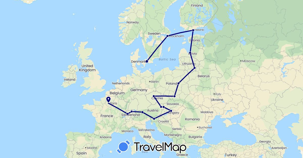 TravelMap itinerary: driving in Austria, Switzerland, Czech Republic, Denmark, Finland, France, Hungary, Lithuania, Latvia, Poland, Sweden, Slovenia, Slovakia (Europe)
